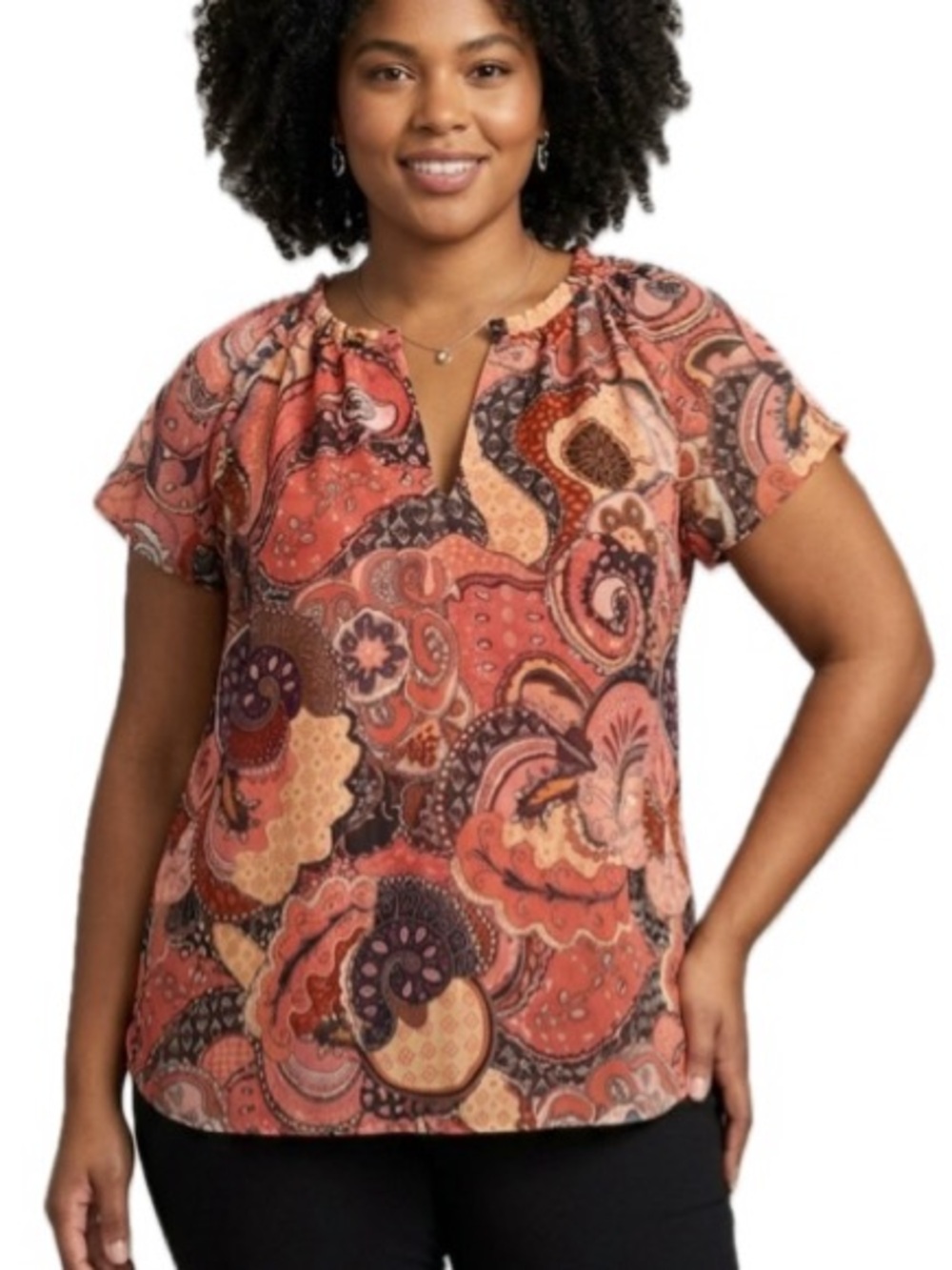 Joie Patchwork Floral Print Blouse Size Large Sheer Short Flutter Sleeve A-Line